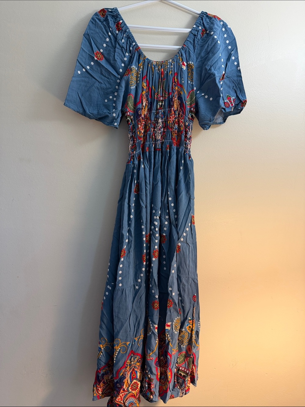 Blue Bohemian Maxi Dress with Puff Sleeves